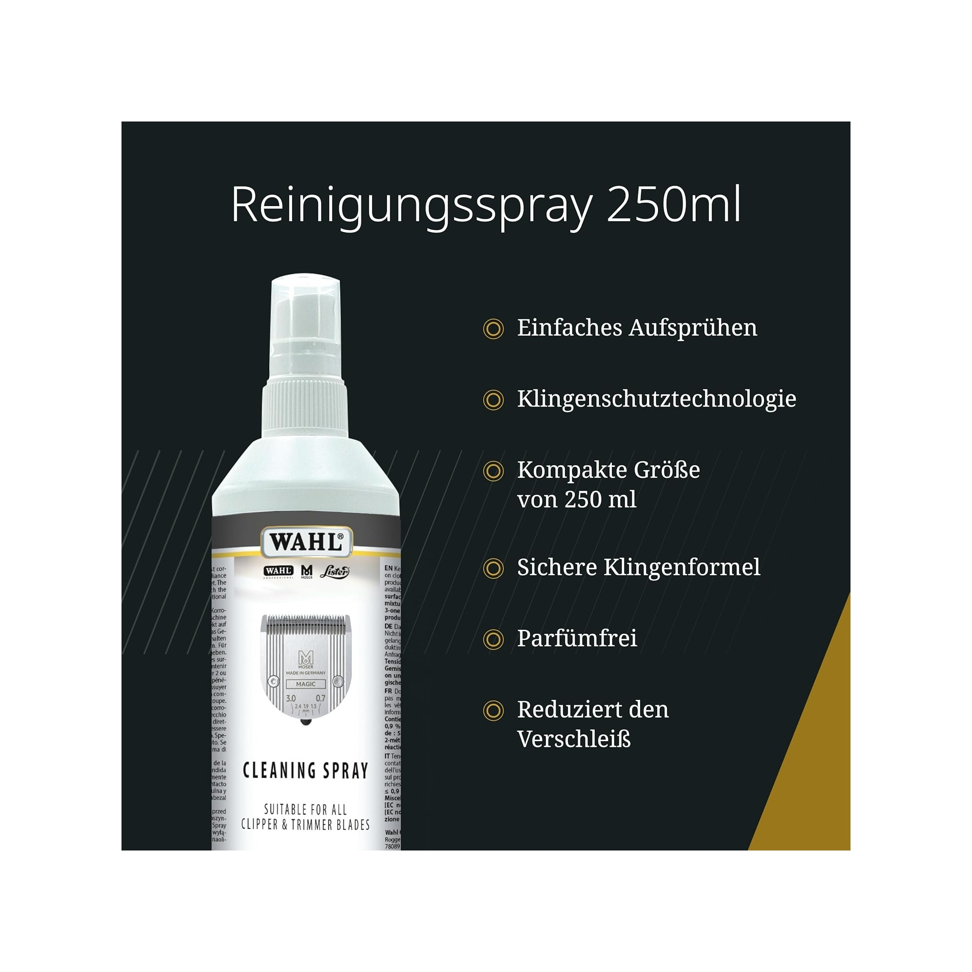 Spray pulizia Wahl 250ml con lama e informazioni sul prodotto.