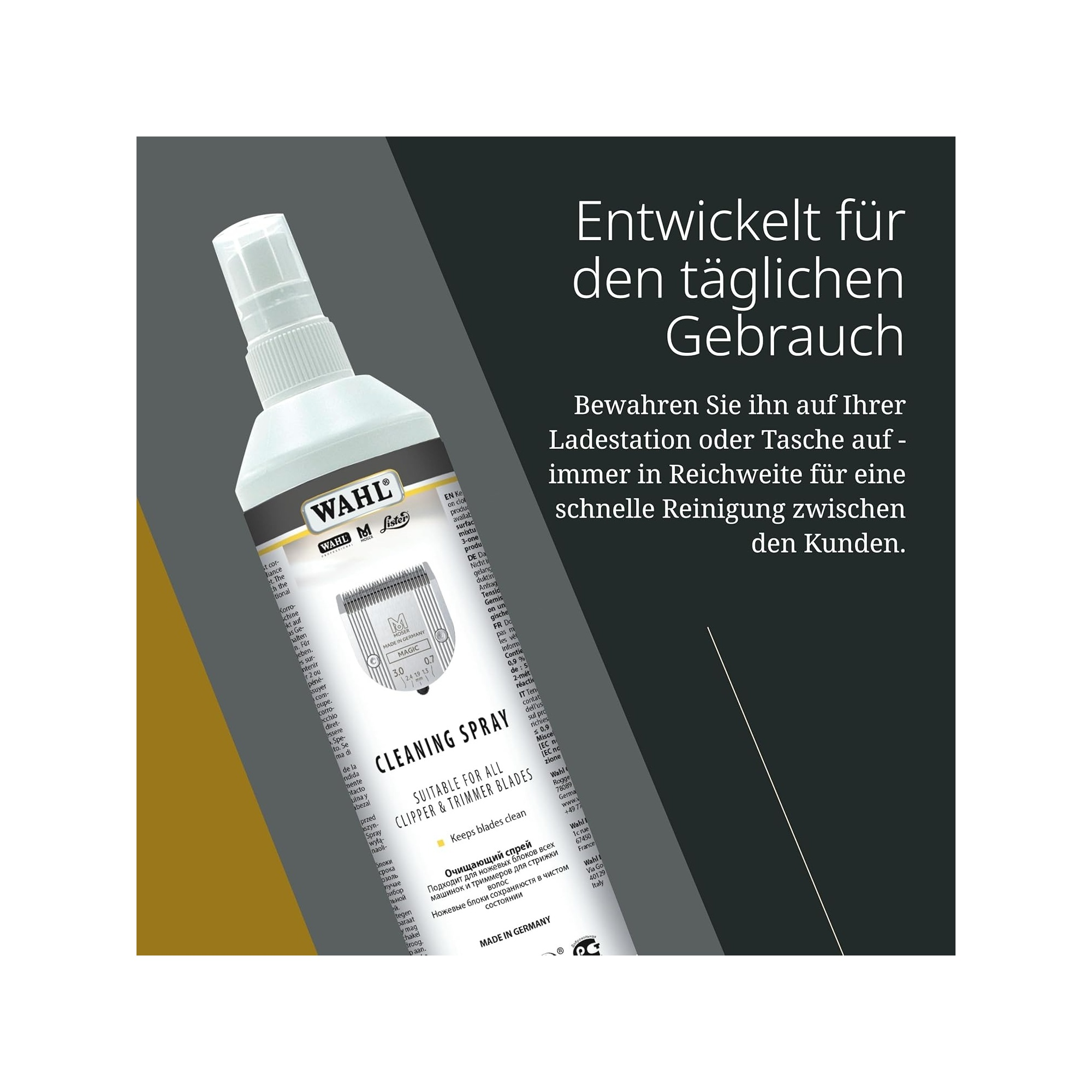 Flacone spray pulitore Wahl con testina spray, etichettatura tedesca e inglese.