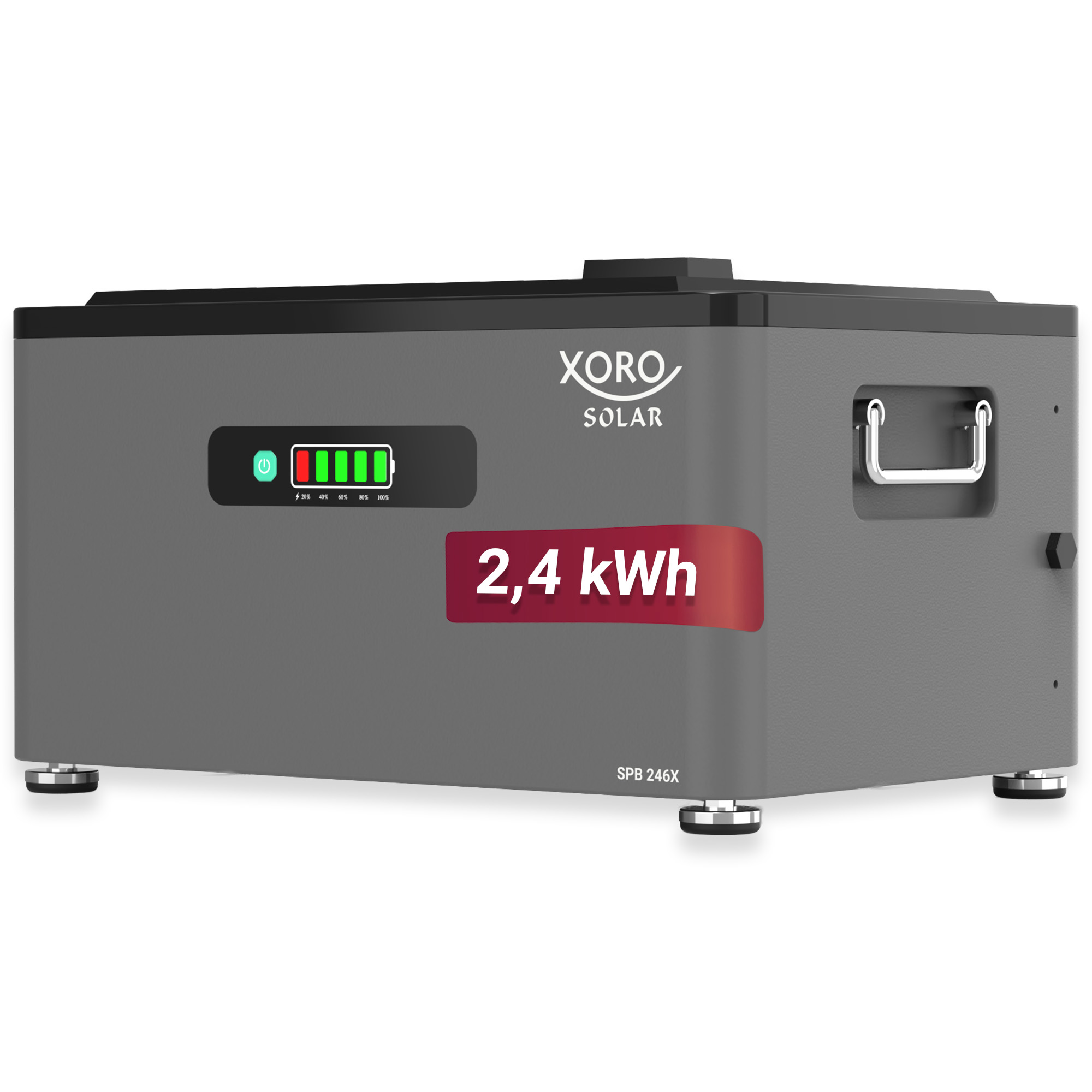 Grauer Xoro Solar Akku mit Anzeige 2,4 kWh und Ladezustand.