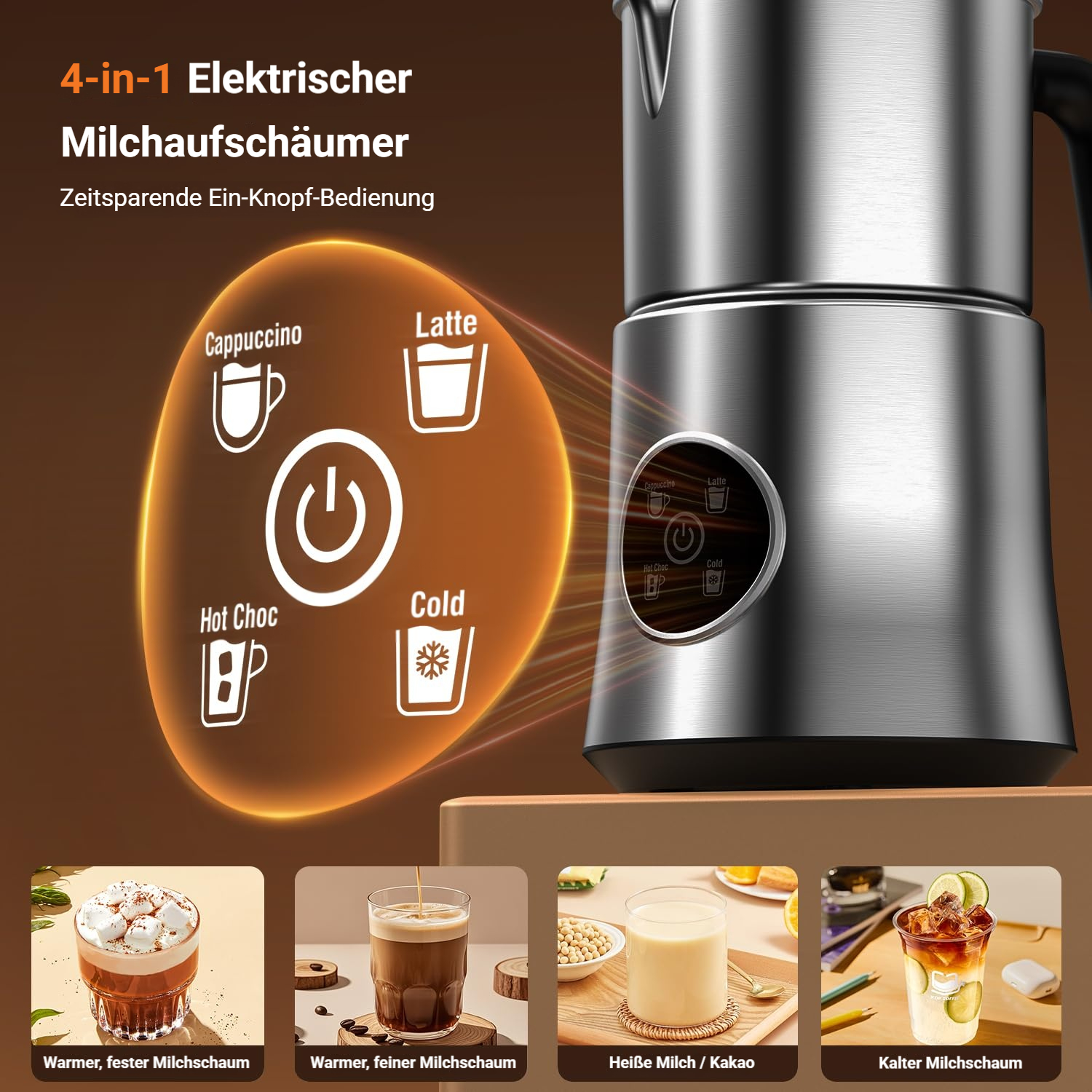 4-in-1 Milchaufschäumer mit vier Modi und vier Getränkeoptionen.