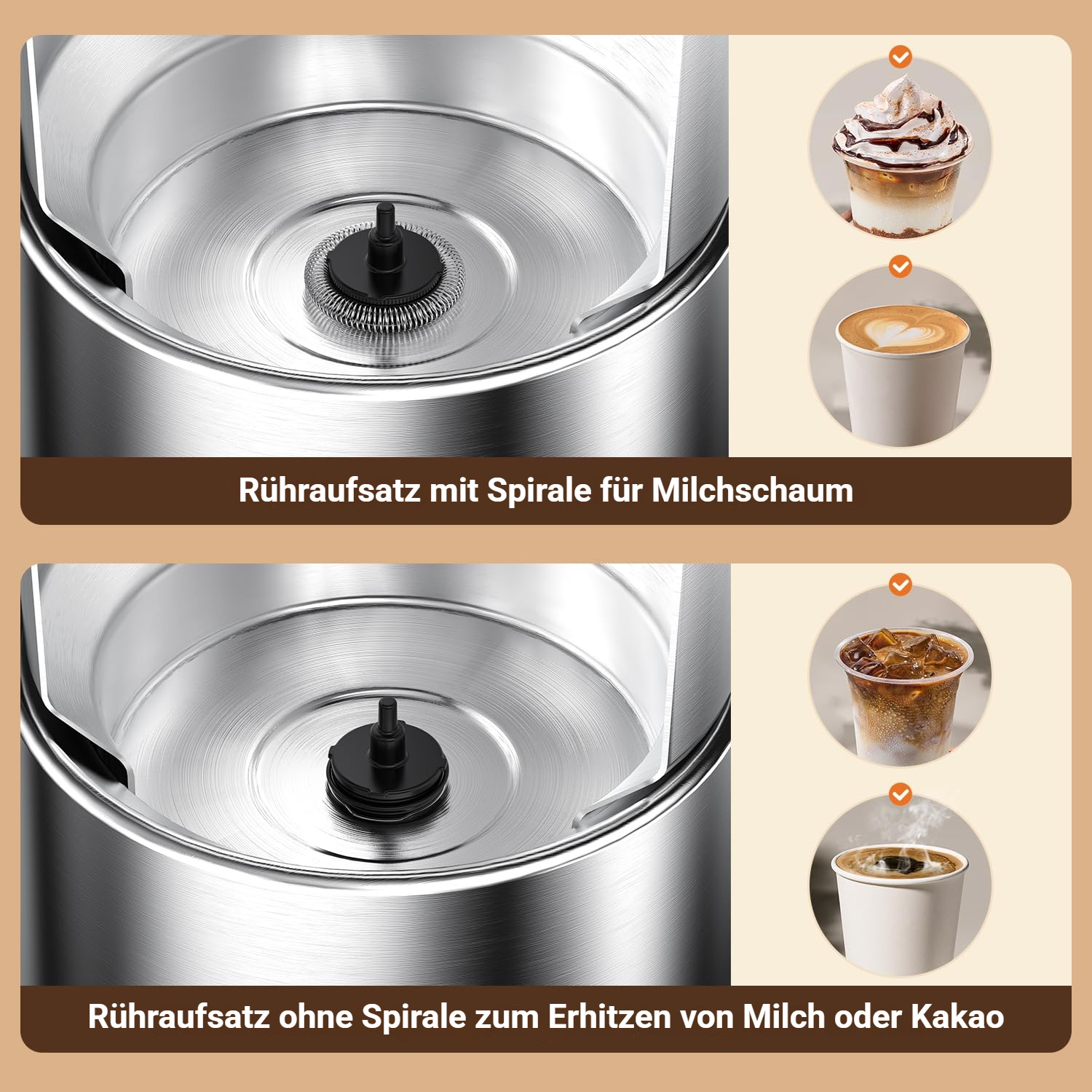 Ein Milchaufschäumer-Aufsatz mit Spirale und daneben zwei Getränke: ein geschichteter Kaffee und ein Latte mit Herz.