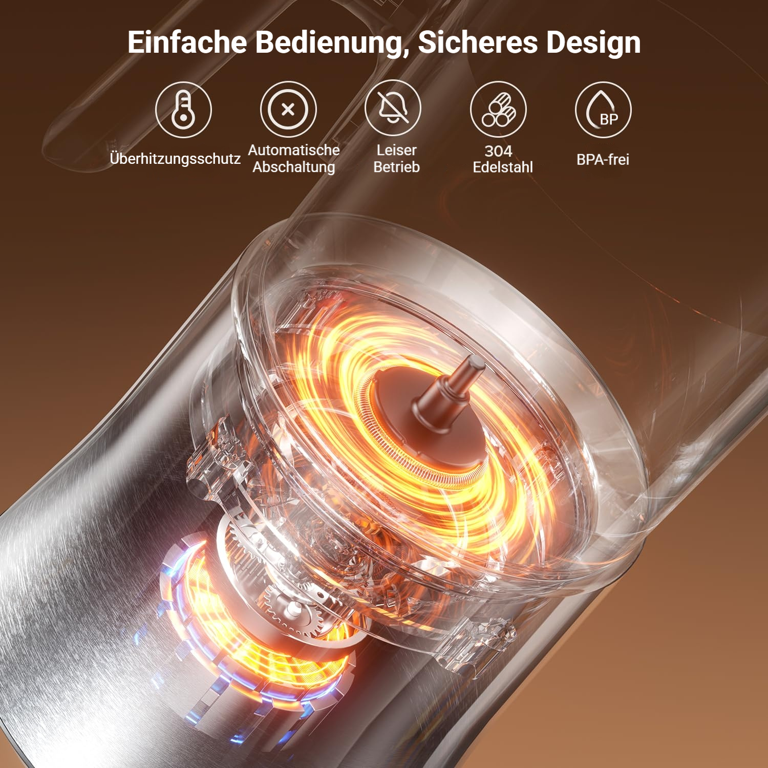 Nahaufnahme eines Geräts mit leuchtenden orangefarbenen und blauen Lichtern, das überhitzt, automatisch abschaltet, leise ist und aus Edelstahl ist.