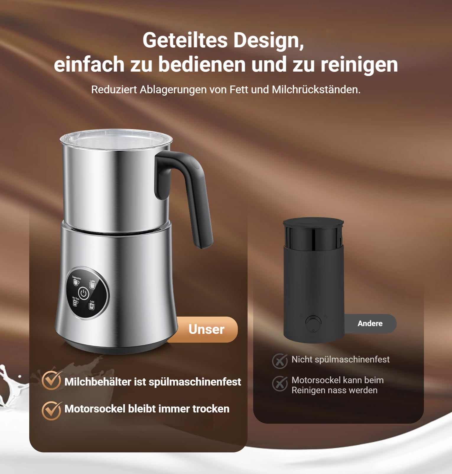 Silberner Milchaufschäumer mit schwarzem Griff daneben ein schwarzer.