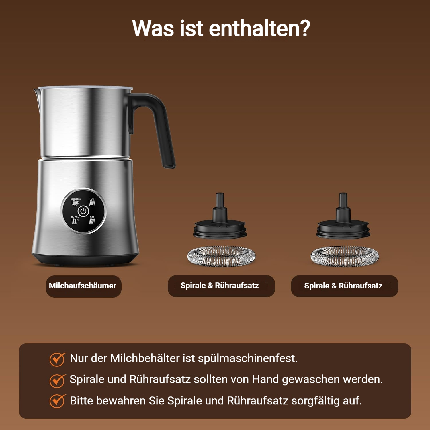 Ein Milchaufschäumer mit zwei Rühraufsätzen und Pflegehinweisen.