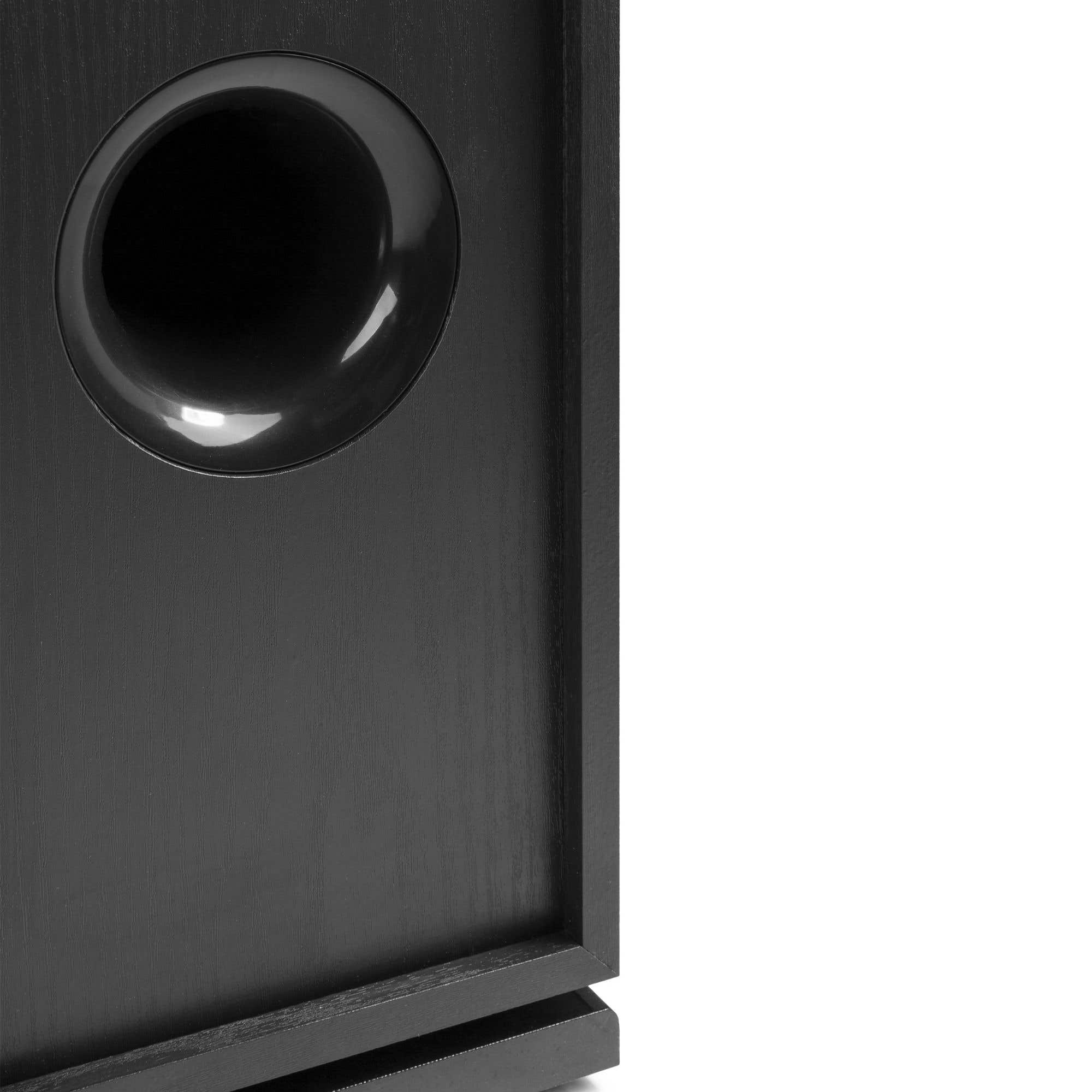 Altavoz negro con tubo bass reflex redondo en el lado izquierdo.
