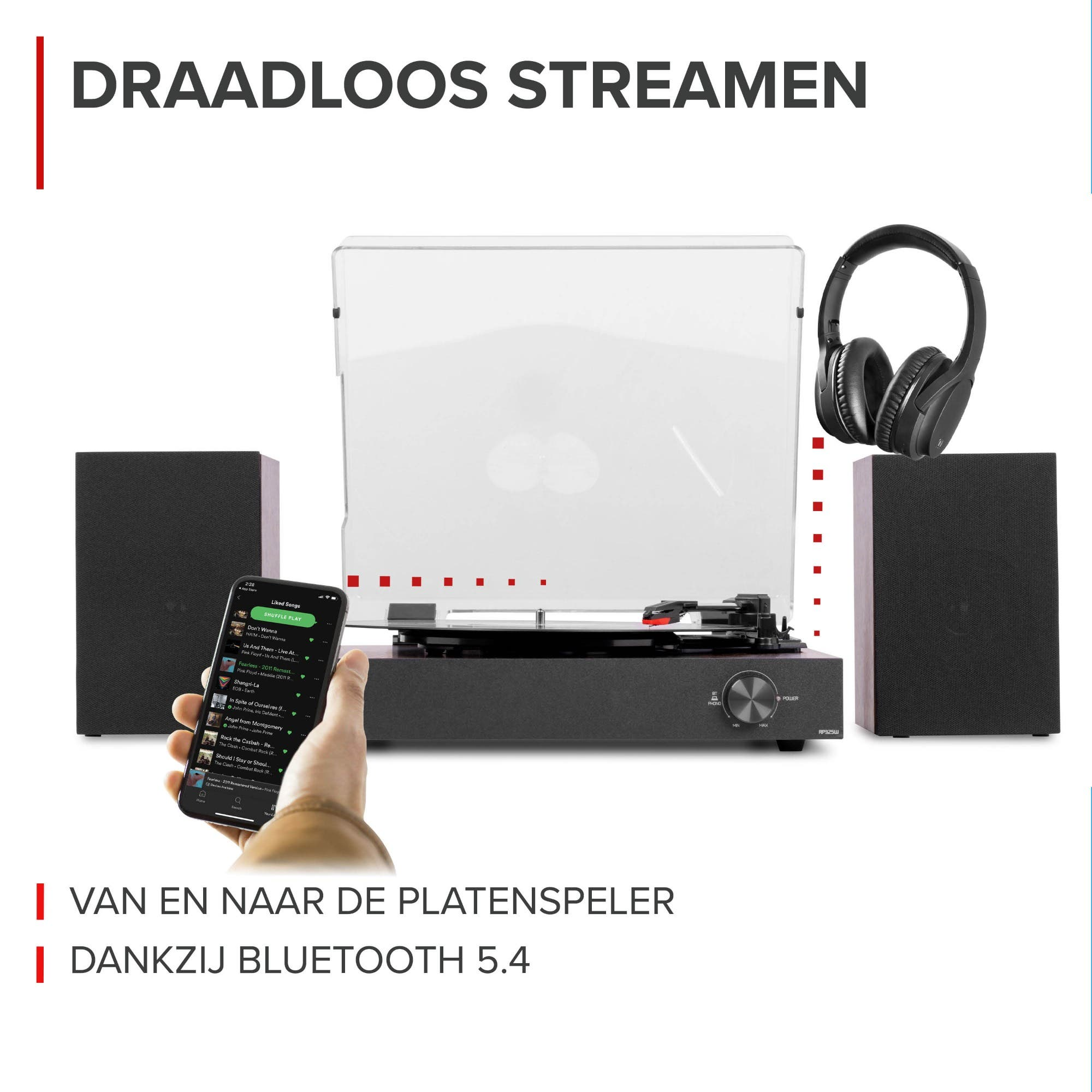 Un tocadiscos con altavoces, auriculares y un smartphone.