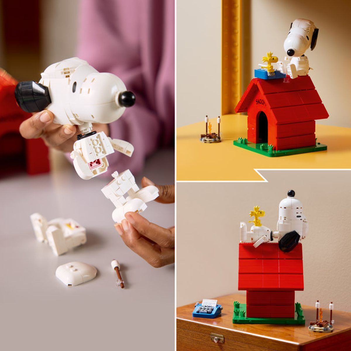 Modello LEGO di Snoopy in assemblaggio e finito su cuccia e scrivania.