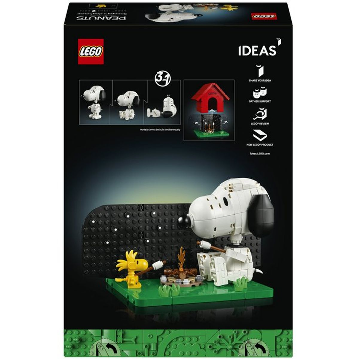 LEGO Snoopy e Woodstock su una base verde con falò.