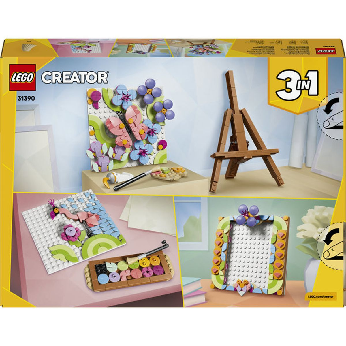 Set Lego Creator 3 en 1: Ofrece tres opciones creativas de construcción, incluyendo arte de mariposa, un marco de fotos y una creación de flamenco.