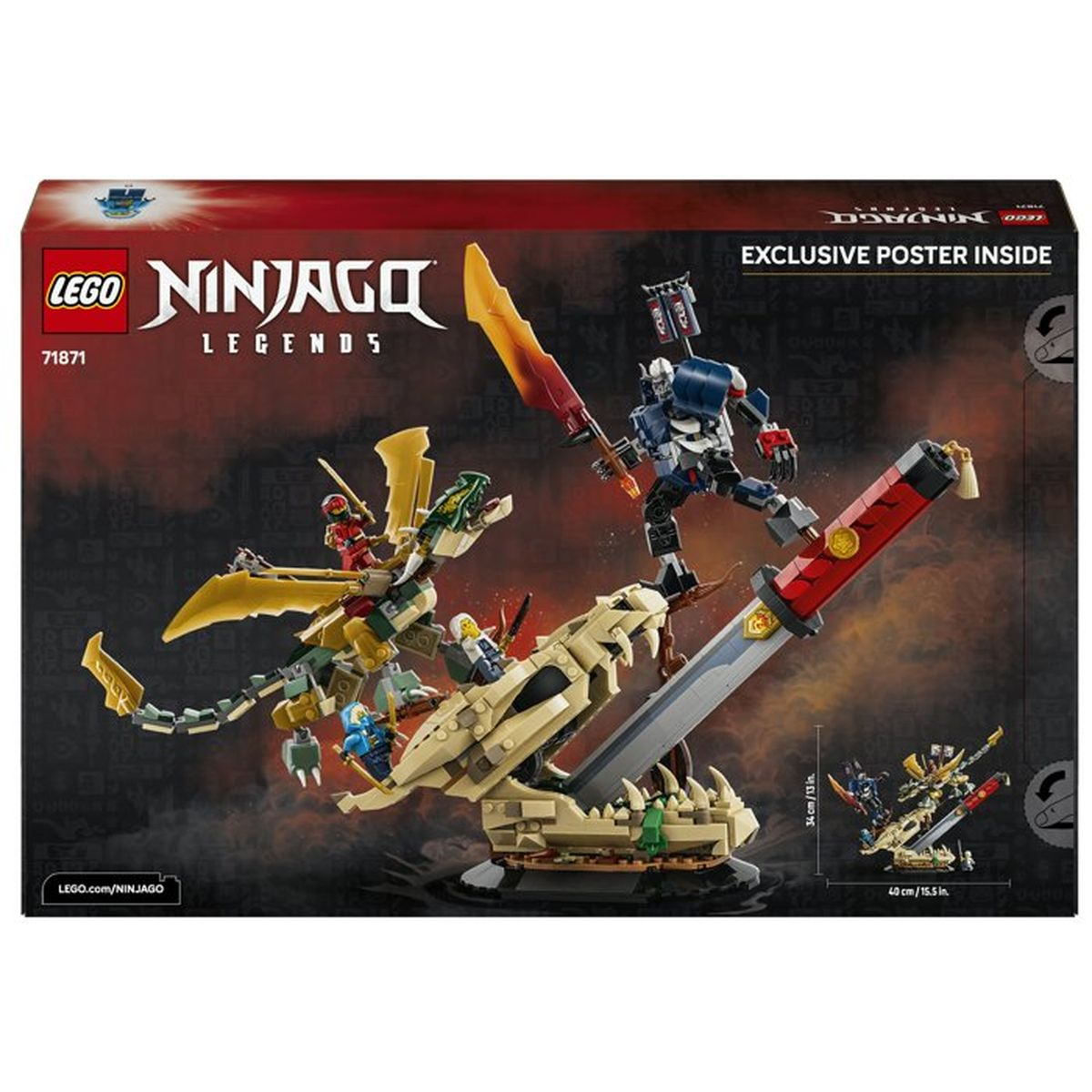 Set LEGO Ninjago con dragones, robots y caballeros sobre una base de huesos.