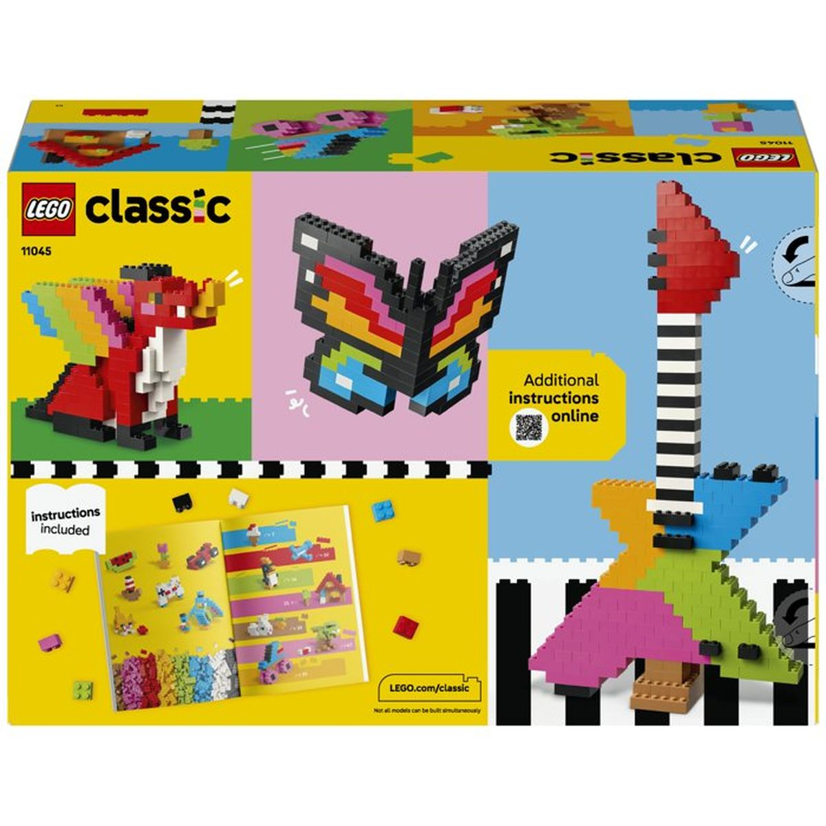 Istruzioni Lego Classic che mostrano un drago rosso, una farfalla colorata e una chitarra.