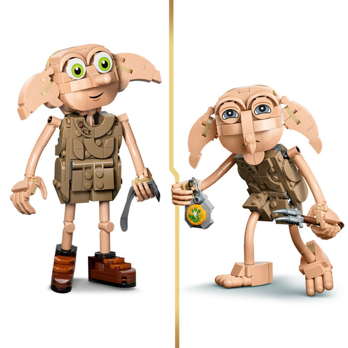 Dwie figurki Lego Dobby, jedna z zielonymi oczami, druga z niebieskimi.