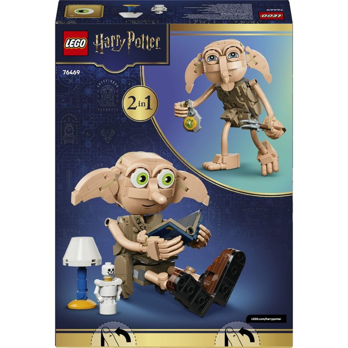 Pudełko zestawu LEGO Harry Potter Dobby z figurką Dobby'ego czytającego książkę i trzymającego skarpetę.