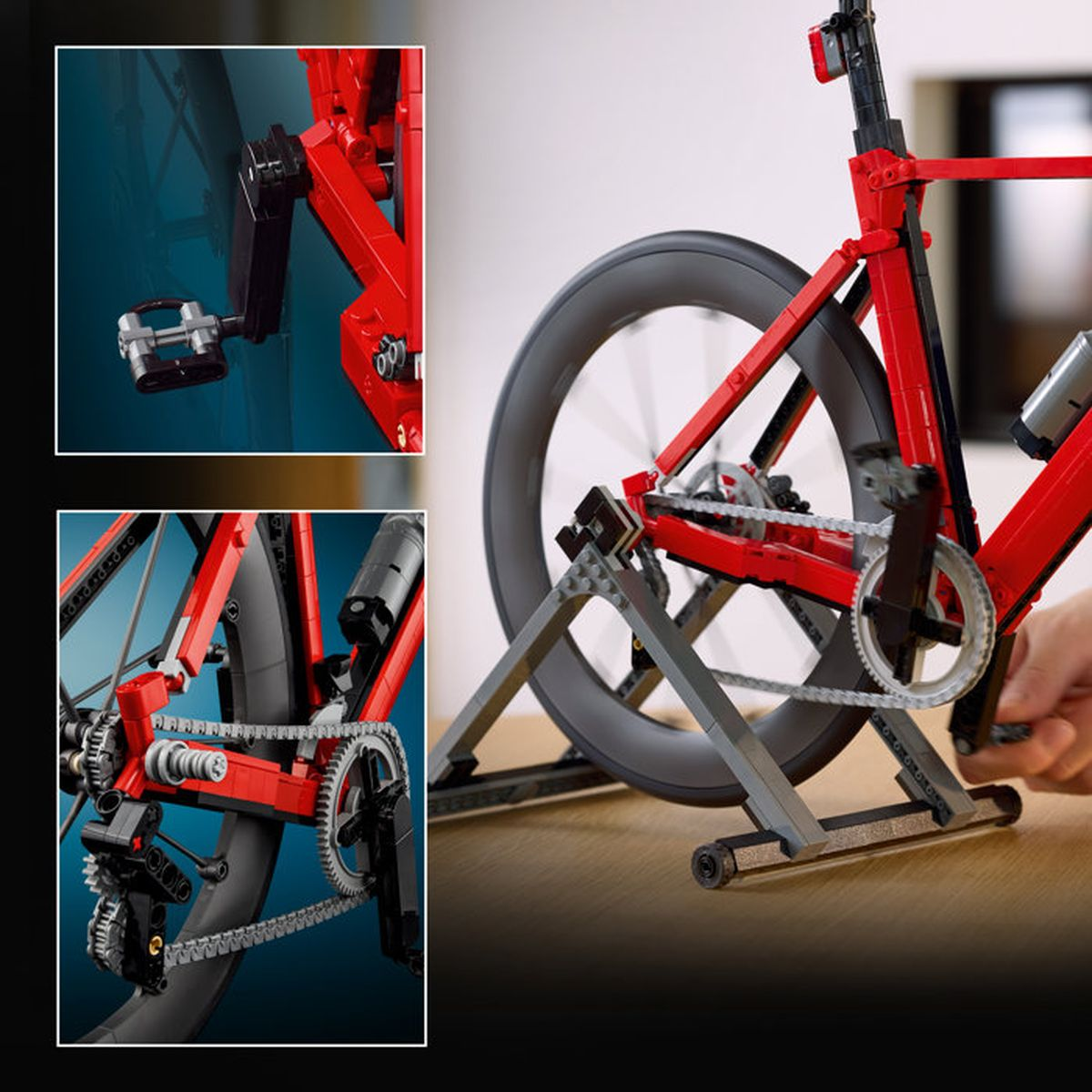 Trainer üzerinde kırmızı Lego bisiklet, pedal ve zincirin yakın çekimleri.