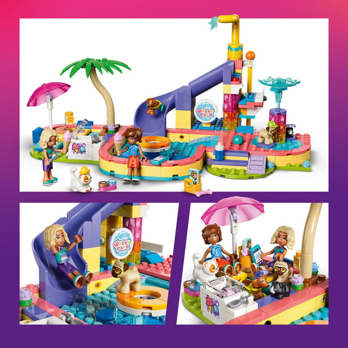 Colorata scena di parco acquatico Lego con figure, scivoli, piscina e animali.