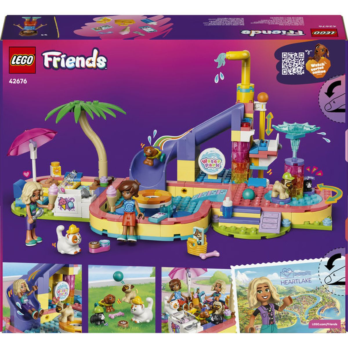 Set gioco parco acquatico Lego Friends con scivoli, personaggi e animali.