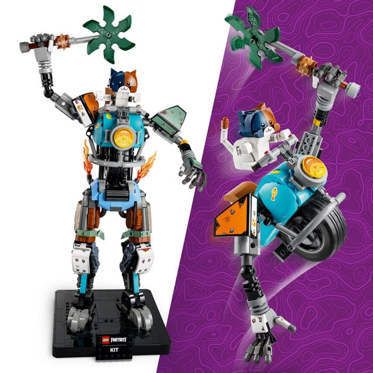 Kedi başlı, yeşil baltalı Lego robot bir kaide üzerinde duruyor.