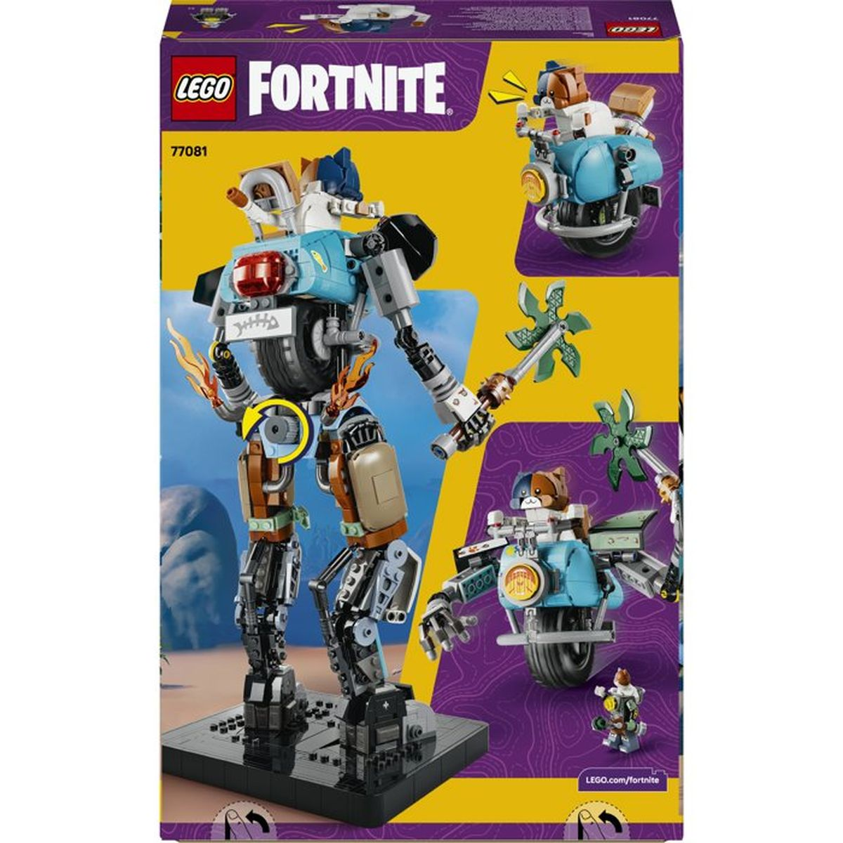 Lego Fortnite set kutusu. Büyük bir robot kıyafeti duruyor, daha küçük araç formları ve mor arka plan üzerinde bir karakter gösteriliyor.