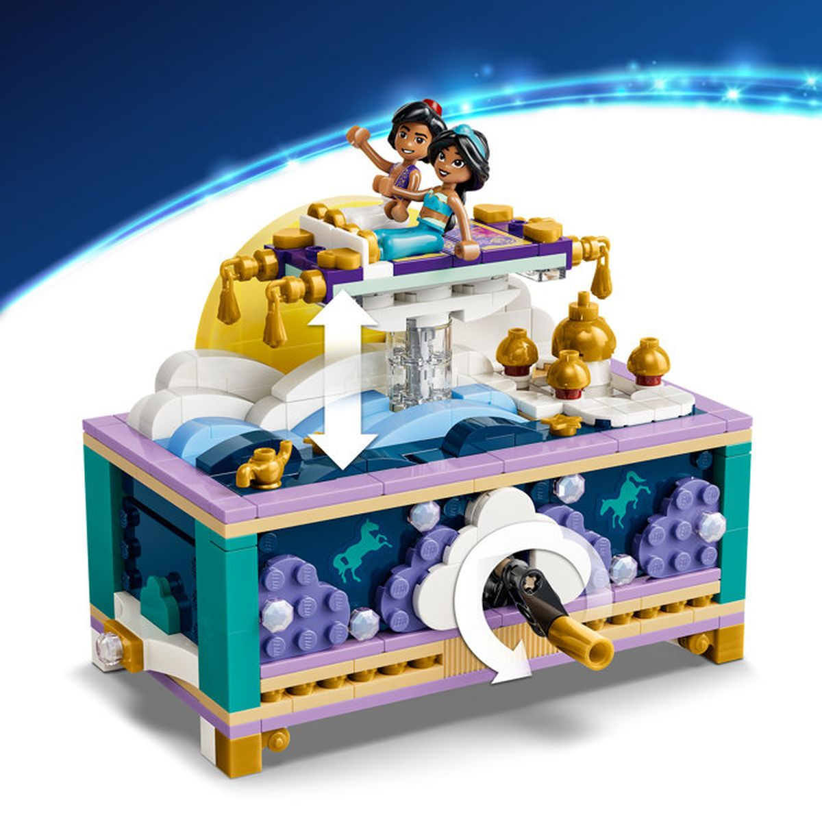 Modello Lego con due figure su un tappeto che galleggia sopra una scatola.