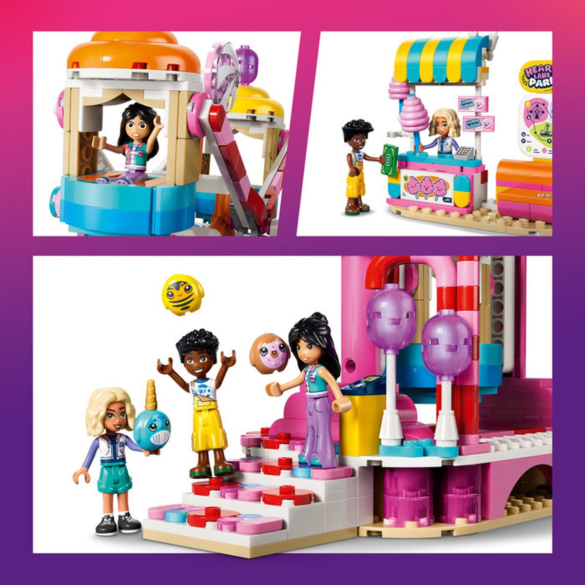 Giocattoli Friends: giostra, stand zucchero filato e parco giochi con figure.