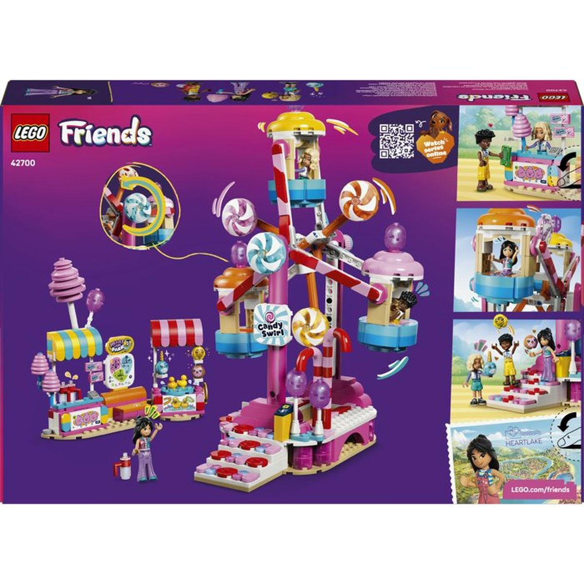 Ruota panoramica Lego Friends con bancarelle, figure e caramelle.