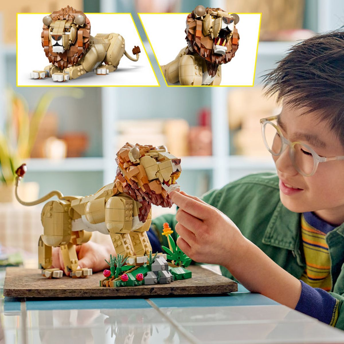 Un niño con gafas construye un león de Lego color canela con melena marrón, con dos imágenes.
