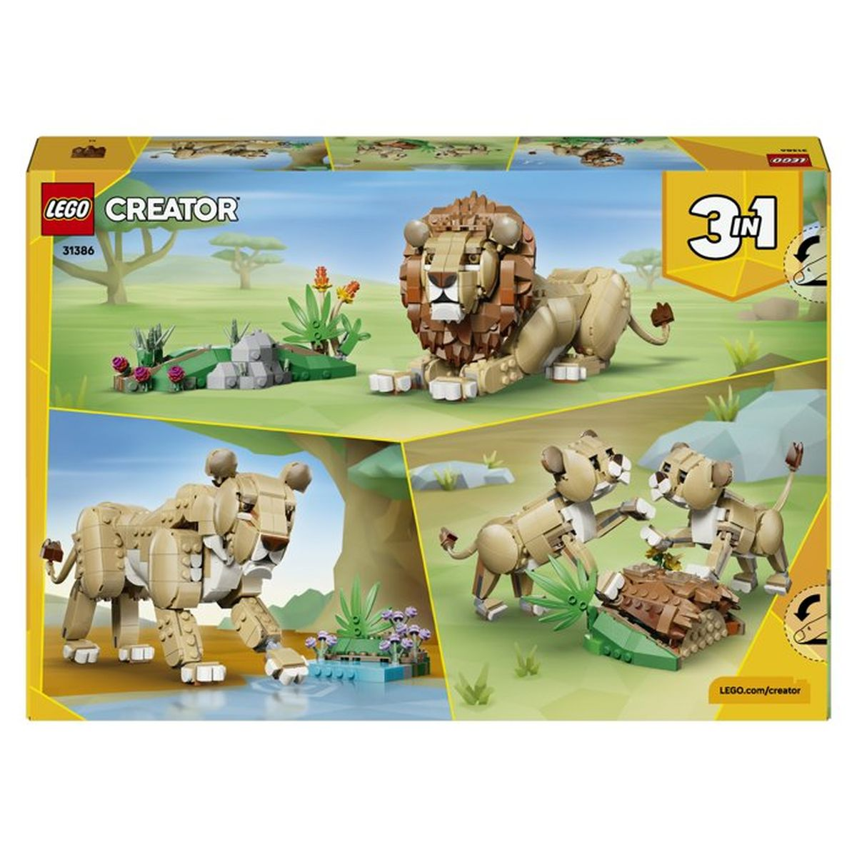Set LEGO Creator 3 en 1 de leones. Muestra un león recostado, una leona caminando y dos cachorros.