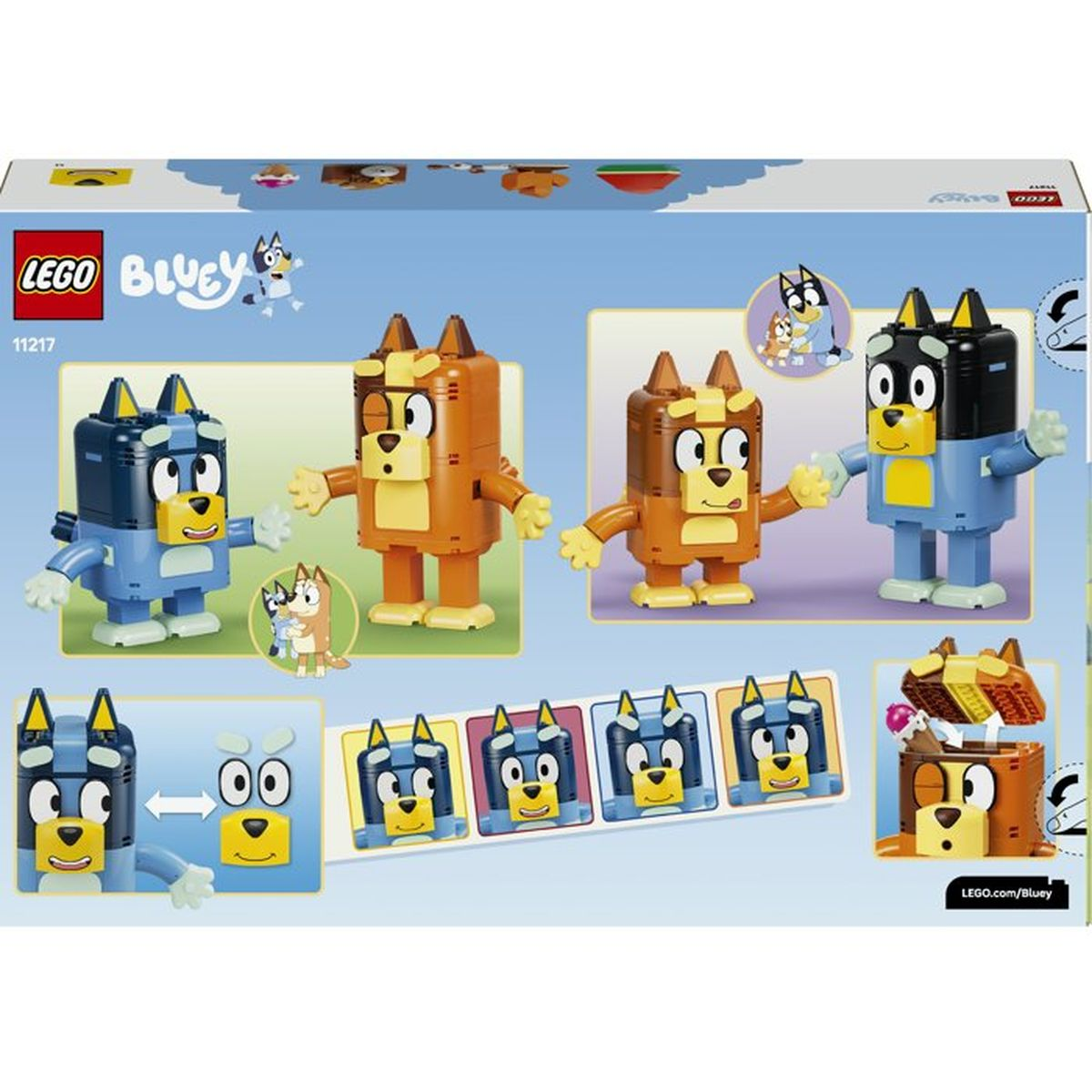 Set Lego Bluey que muestra figuras armables y accesorios en la caja.