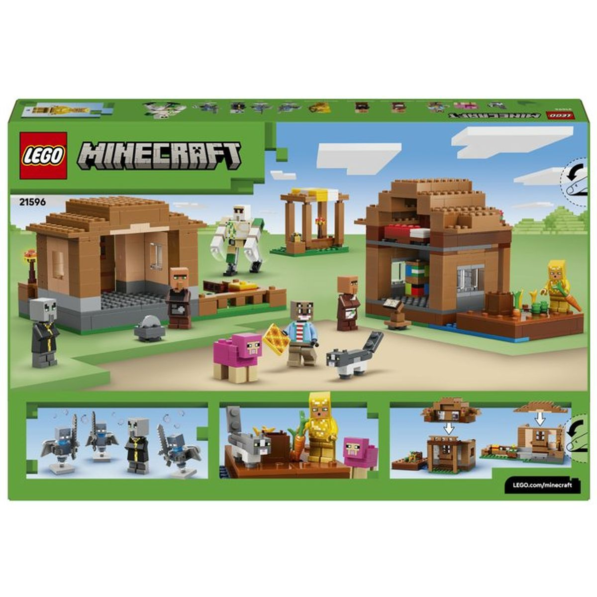 Set Lego Minecraft con figure, animali ed edifici su paesaggio verde.