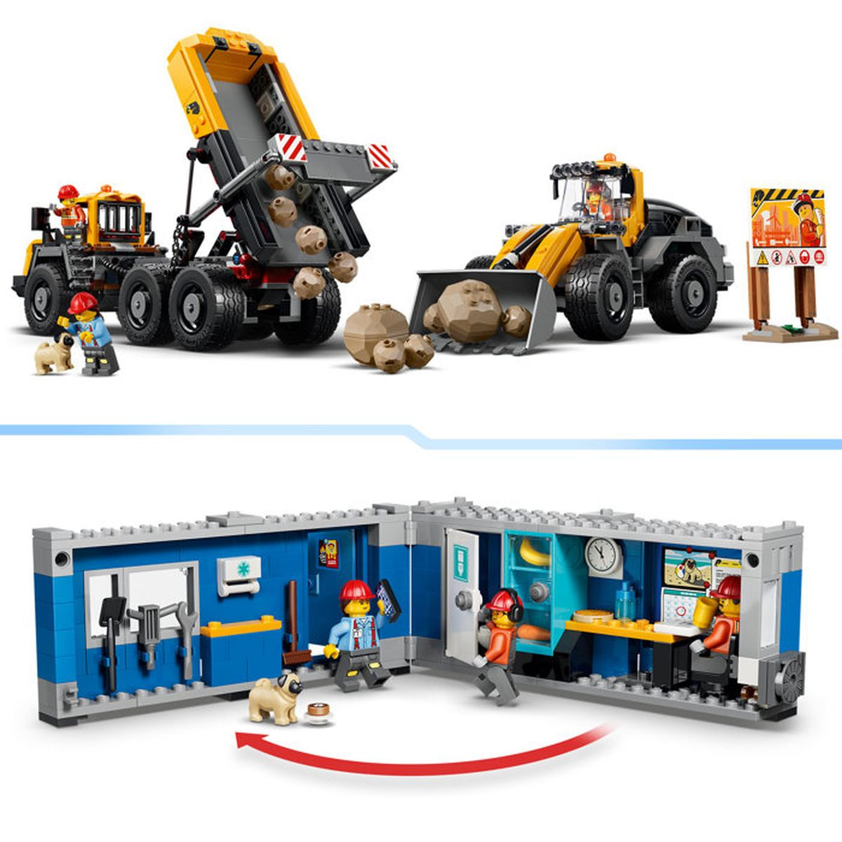 Veicoli da cantiere: dumper, pale gommate, operai e cani.