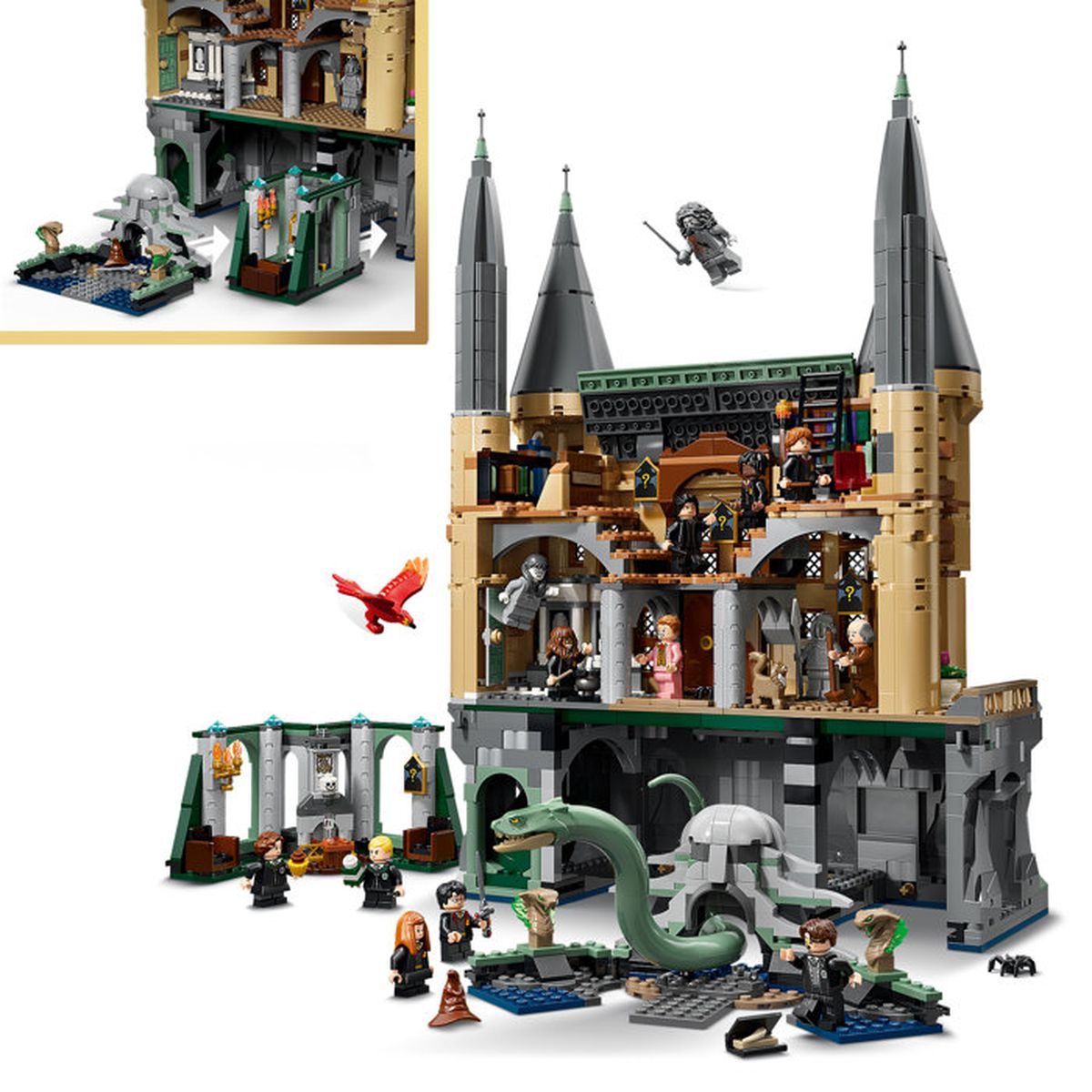Modello Lego del castello di Hogwarts con figure, basilisco e fenice.