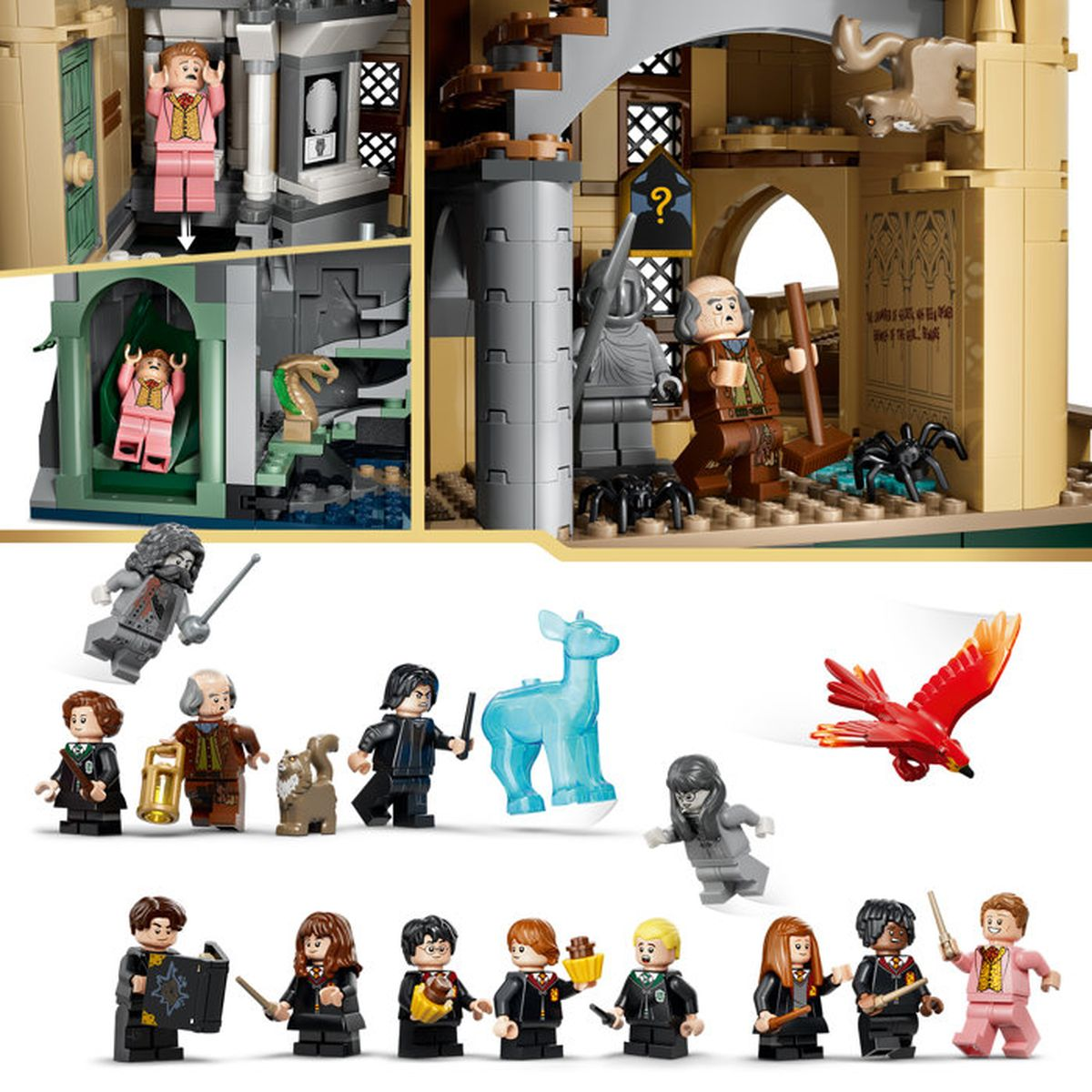 Figure LEGO Harry Potter e pezzi del set con personaggi, animali e architettura.