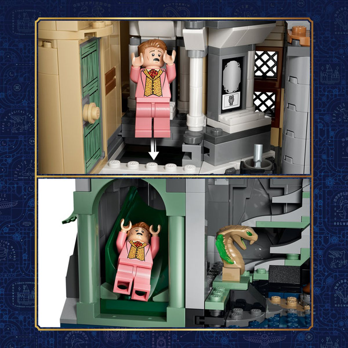 Un uomo Lego in abito rosa viene calato da una porta e giace su una foglia.
