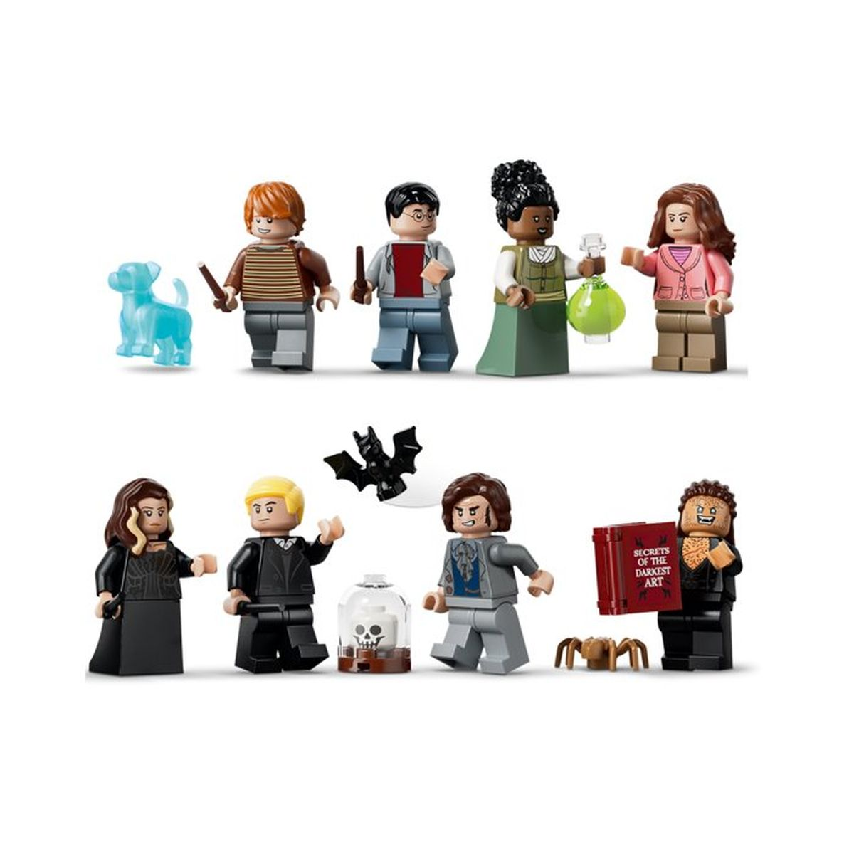 Figuras Lego: perro azul, Ron, Harry, Hermione, mujer con poción, Luna, hombre, calavera, murciélago y libro.