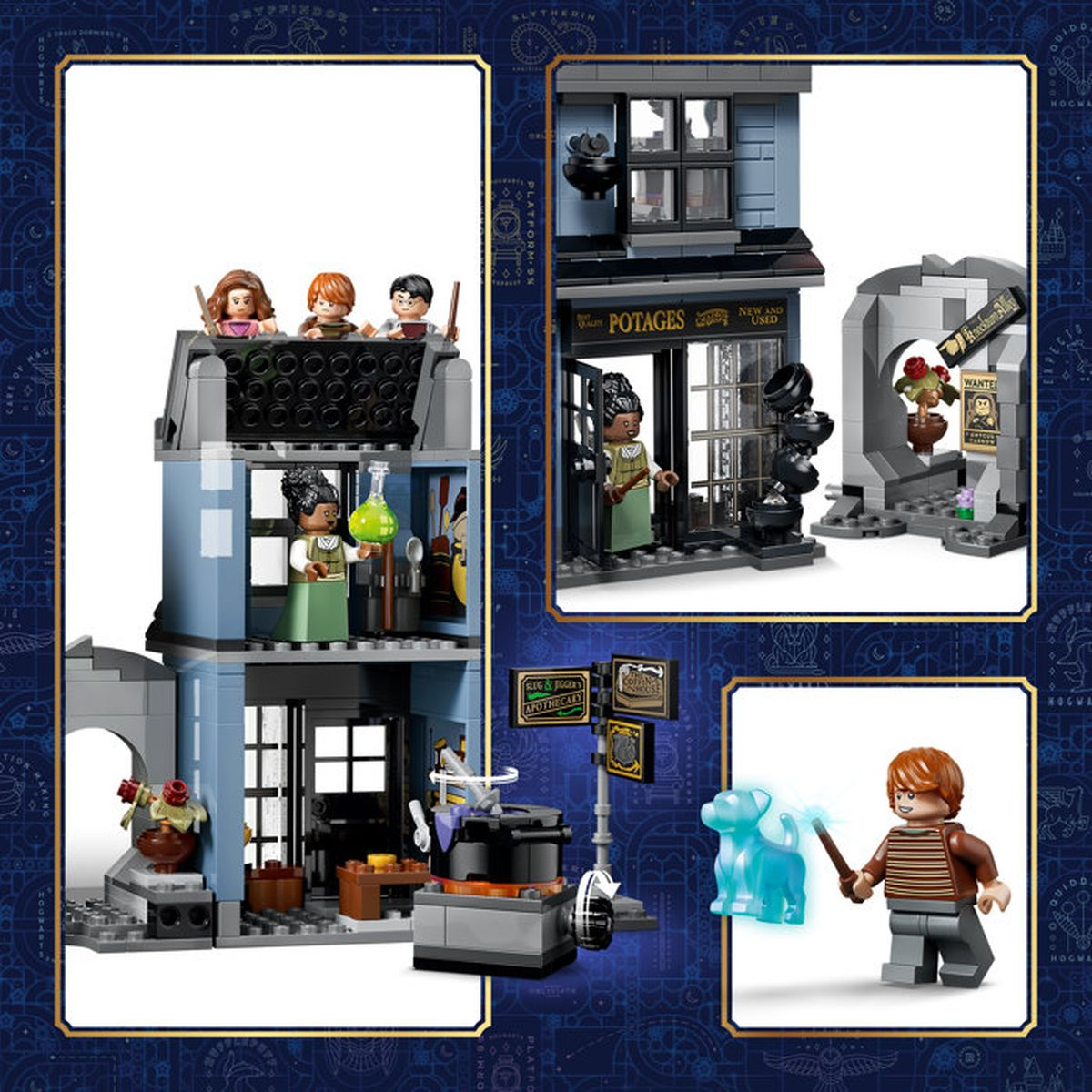 Sets de Lego: una tienda de pociones, un edificio y una figura con un perro.