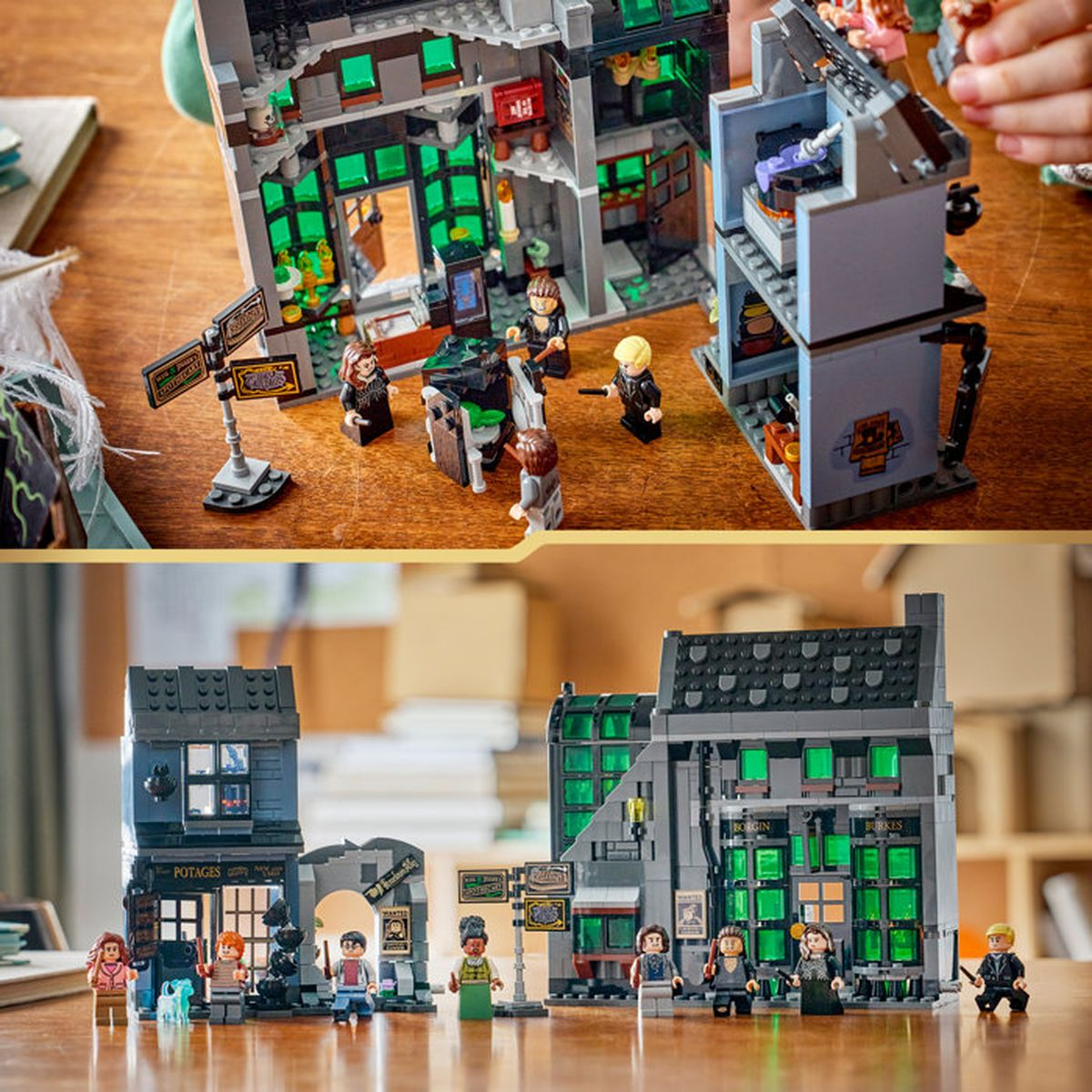 Edificios de LEGO Harry Potter con figuras, mostrados de frente y entre bastidores.