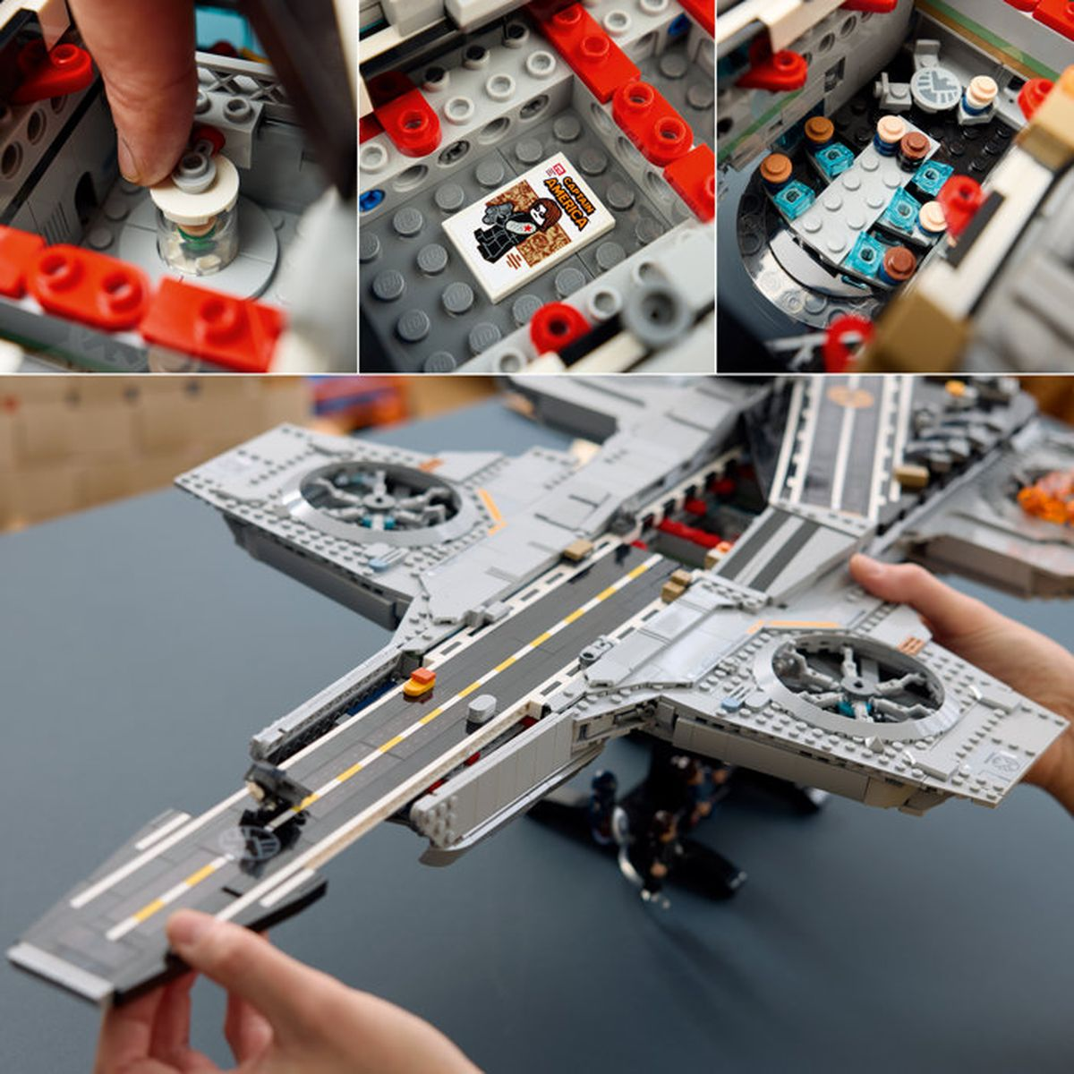 Mani assemblano un Lego Quinjet grigio con interni dettagliati e adesivo di Capitan America.