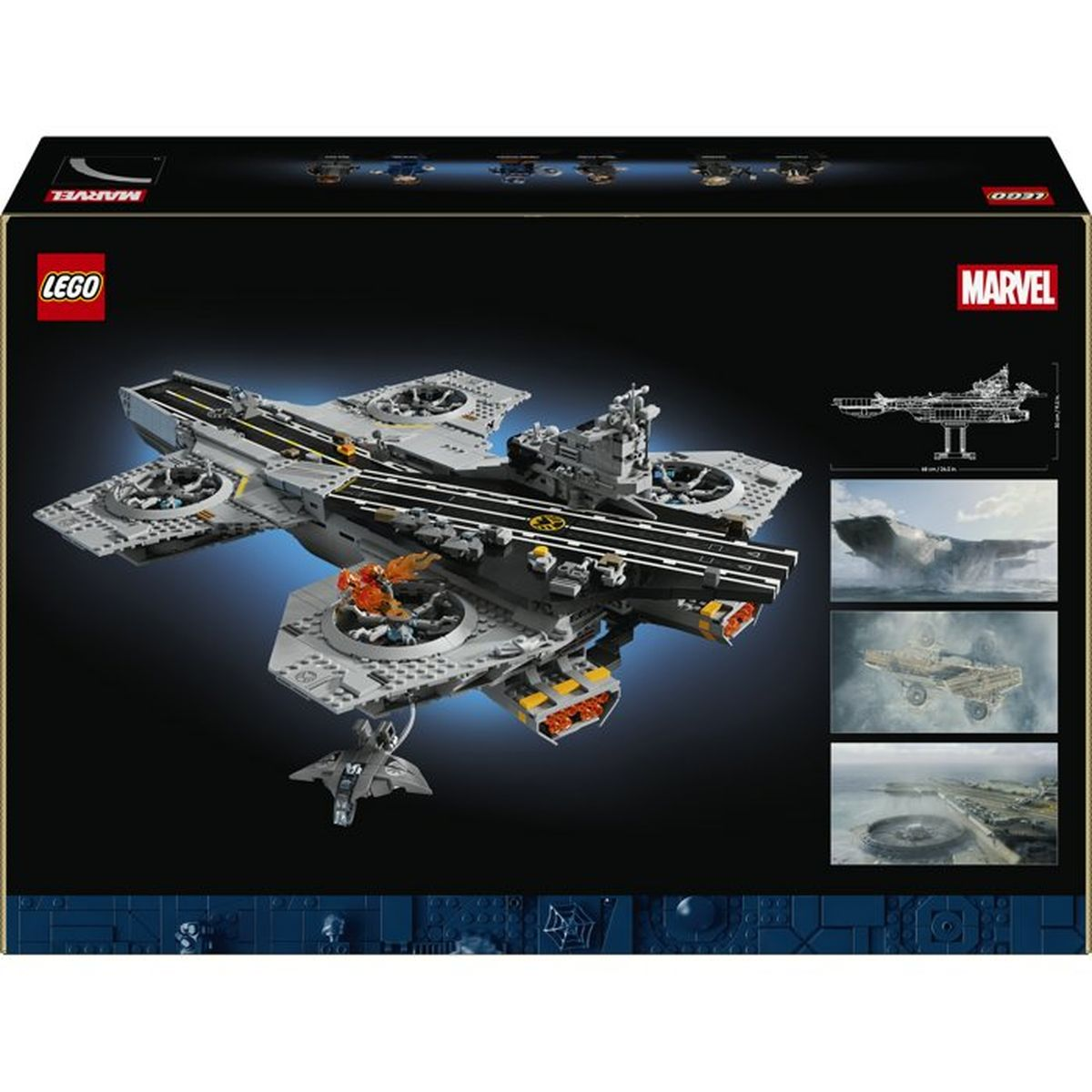 Modello LEGO Marvel Helicarrier con aerei e fiamme sul ponte. Include navicelle più piccole.