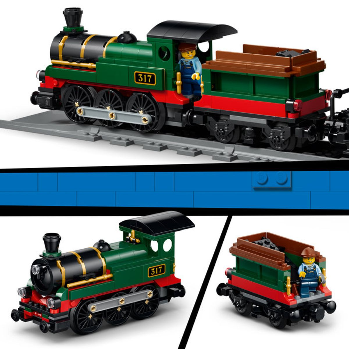 Raylar üzerinde kırmızı detaylı, 317 numaralı yeşil Lego treni.