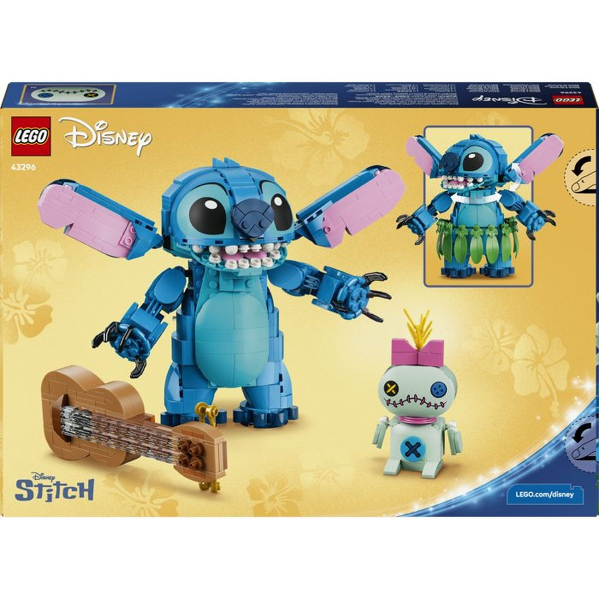 Lego Stitch z gitarą i figurką Scrumpa, logo Disneya. Opakowanie produktu.