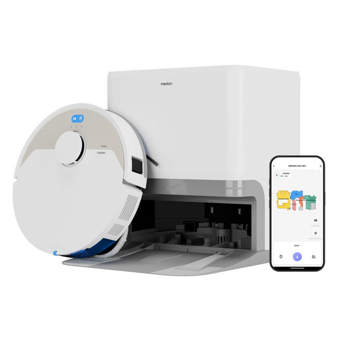 Een witte robotstofzuiger naast het oplaadstation met een smartphone.