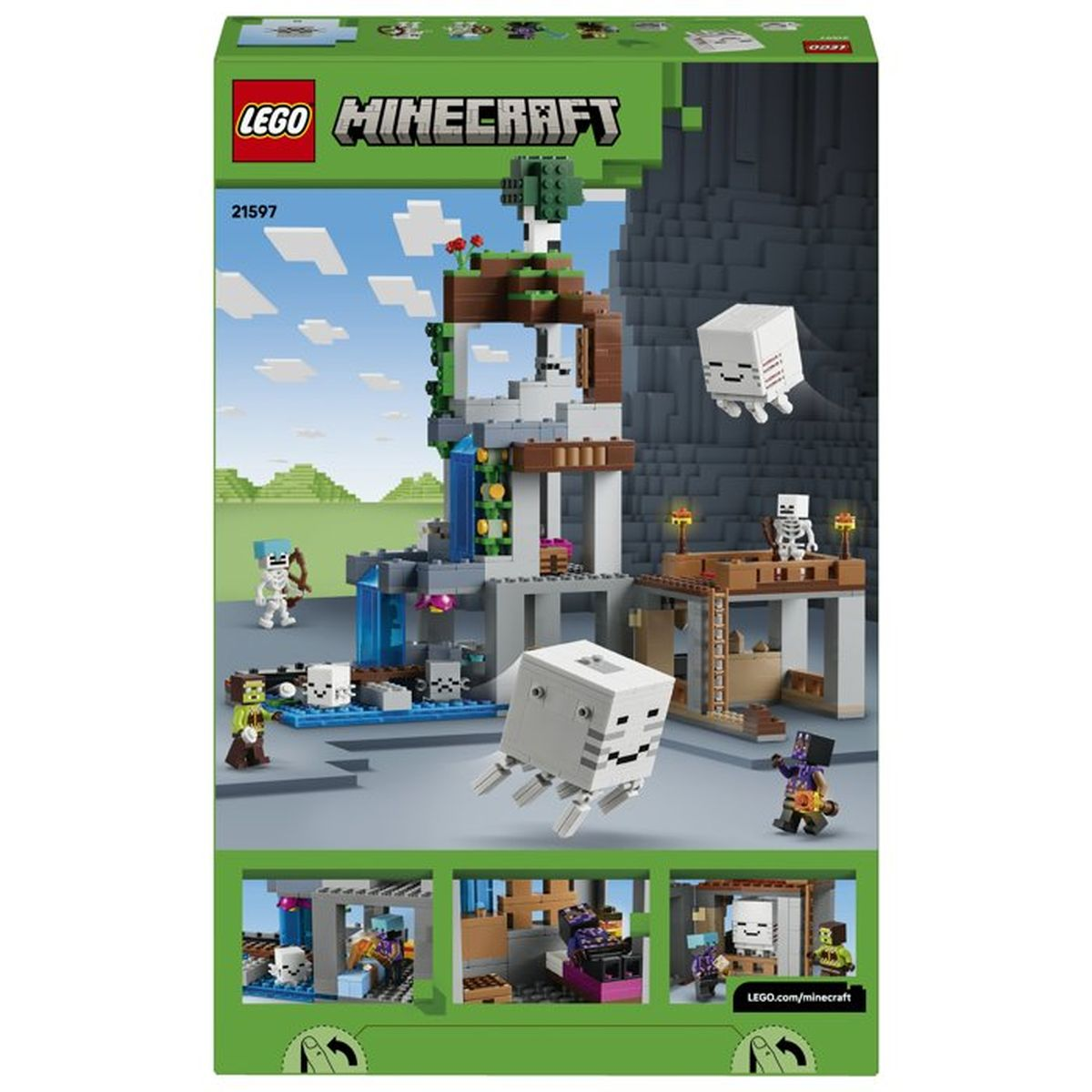 Set LEGO Minecraft con esqueletos, un ghast y una fortaleza de montaña con cascada.