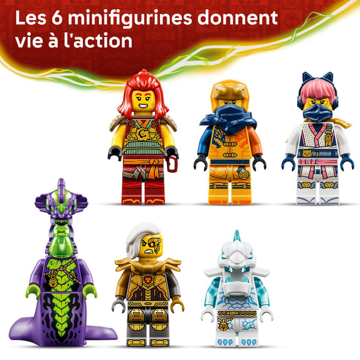 Seis minifiguras Lego coloridas, incluido un dragón, están una al lado de la otra.