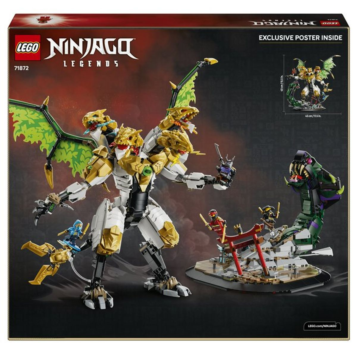 Set LEGO Ninjago con mech drago dorato, mostro serpente e minifigure.