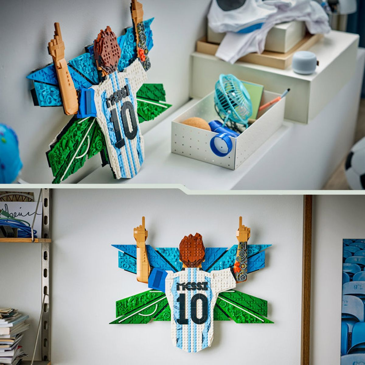 Lego Messi figürü, forması 10 numaralı, kutlama yapan kollar.