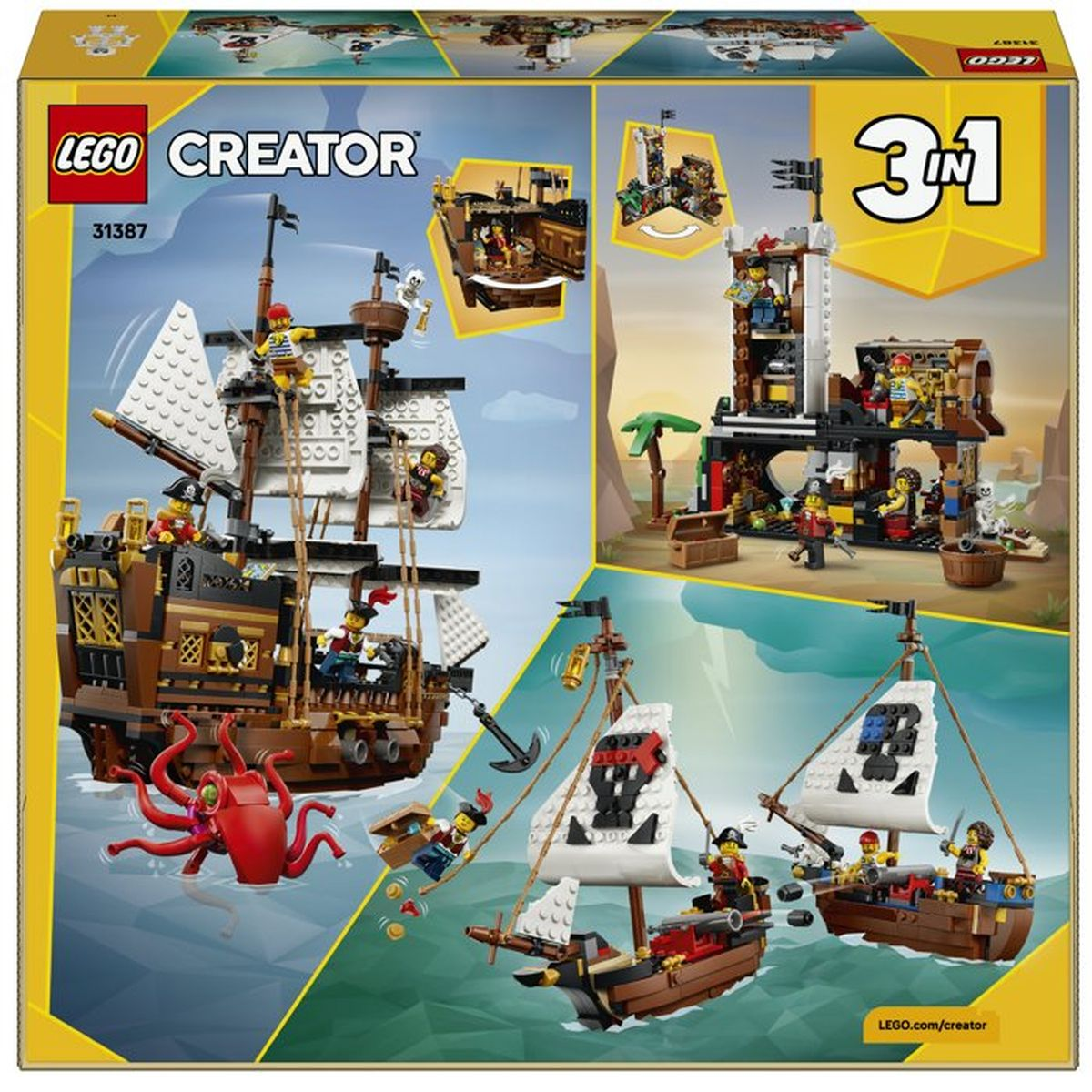Set de juego pirata Lego Creator con barco, isla y barcos más pequeños.