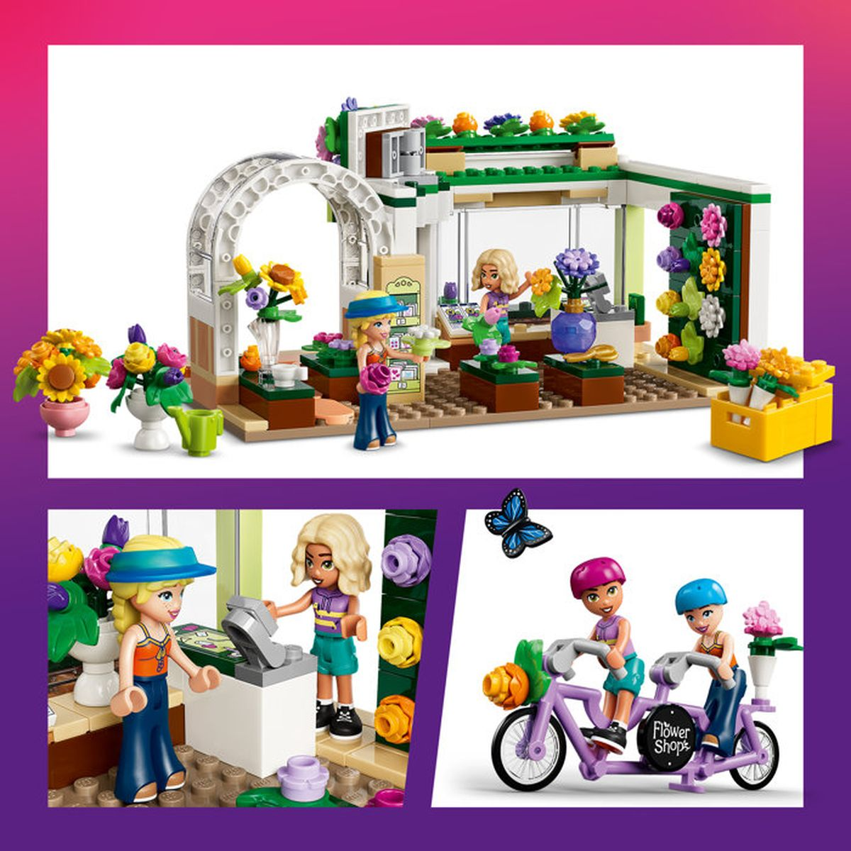 Figuras de Lego en una floristería y en una bicicleta. Se ven flores y accesorios.