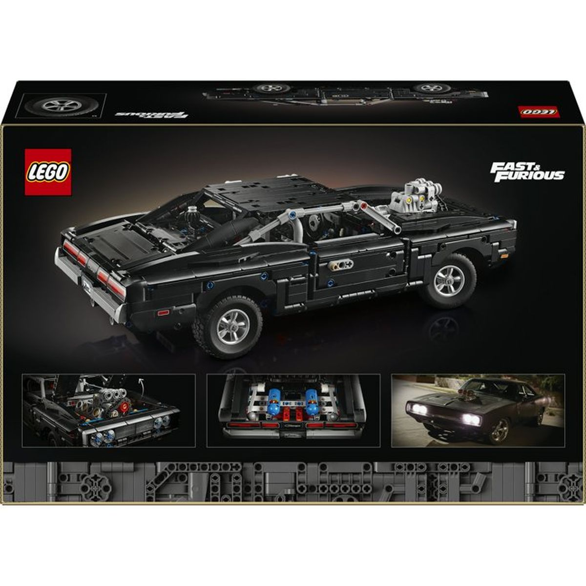 Siyah Lego Technic 1970 Dodge Charger SRT Hellcat modelinin kutusu.