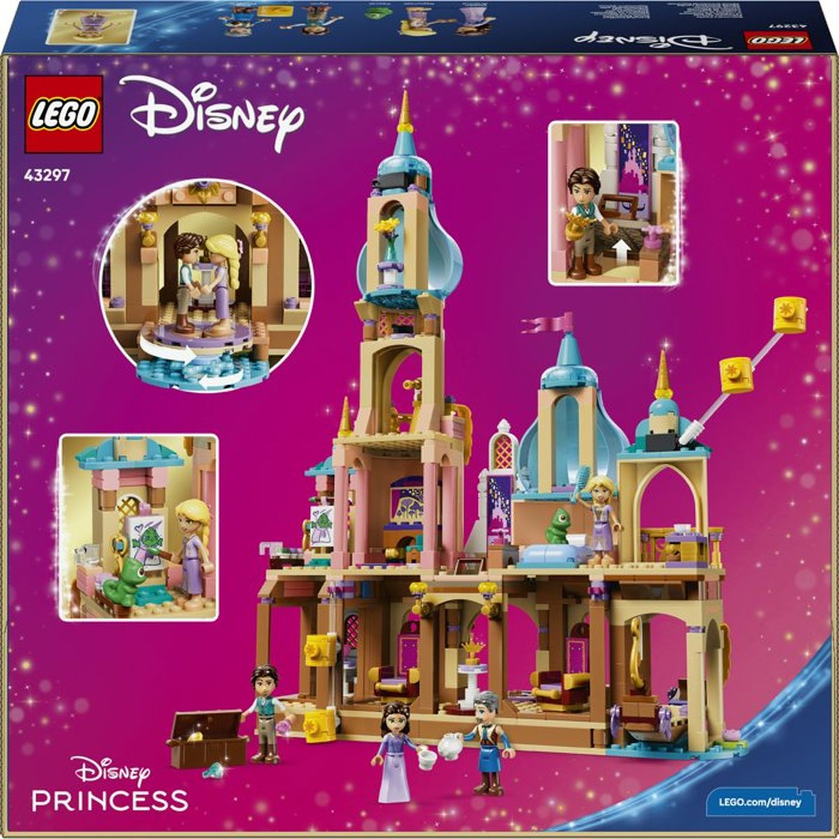 Zestaw zamku Lego Disney z figurkami i wieloma detalami.