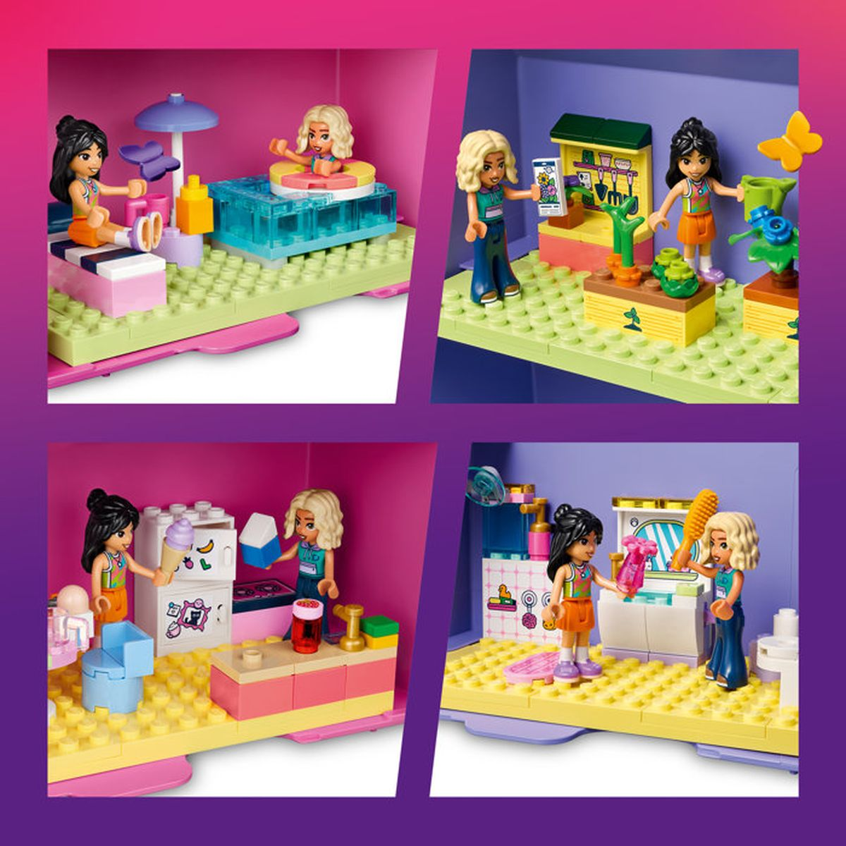 Cuatro escenas de amigas de Lego en habitaciones coloridas: piscina, jardín, cocina y vestidor.